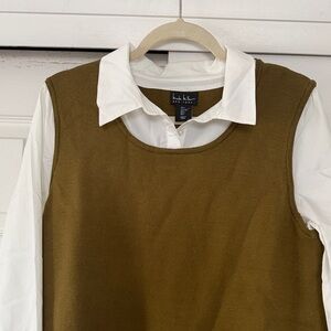 Nicole miller Olive Knit Sweater dress  with White Collared Shirt